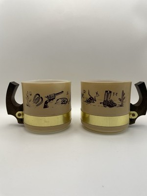 Siesta Ware Vintage Milk Glass Coffee Cups with Wood Handle Cowboy Western Style