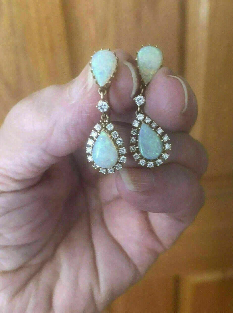 4Ct Pear Cut Fire Opal Diamond Halo Drop Dangle Earrings 14k Yellow Gold Finish
