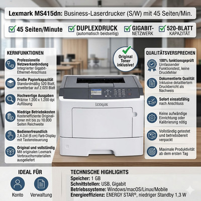 Lexmark MS415dn Netzwerk Laserdrucker SW A4 Duplex 38 S/Min 1200 dpi