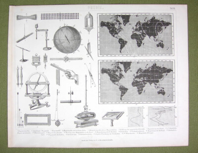 PHYSICS Magnetism Earth Poles Disturbances Compass Inclination Map - 1870 Print
