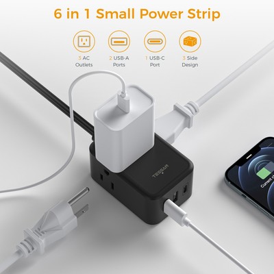 Ultra Thin Flat Extension Cord 10 FT, TESSAN Small Flat Plug Power Strip with 3 USB