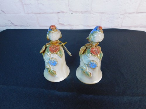 Set campane uccellino ceramica dipinte a mano vintage decoro floreale smaltato coppia 5,5" - Foto 4 di 12