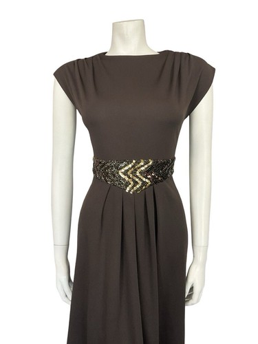 VTG 60S 70S BROWN GOLD SEQUIN BAND PLEATED TUNIC MOD PARTY MIDI DRESS 8 - Picture 4 of 10