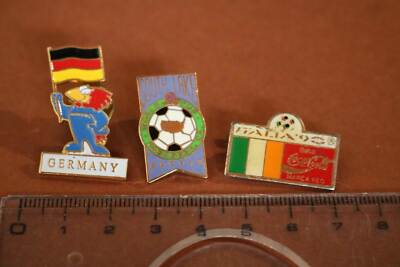 Three great old pins - World Cup football? European Champions. Coca Cola 