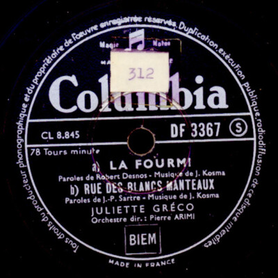 JULIETTE GRÉCO -Chanson- La fourmi/Rue des Blancs Manteaux Schellackplatte S8246