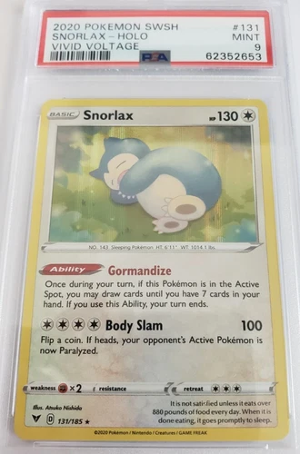 2020 Pokemon Sword & Shield Vivid Voltage Snorlax Holo PSA 9 Mint #131 USA