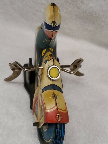 Vintage Tin Litho Motorcycle With Rider Mechanical Tin Toy Wind Up China - Picture 5 of 9
