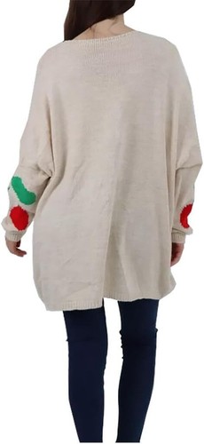 Women’s Cherry Print Knitted Sweat Jumper Long Sleeve V Neck Printed Sweater - Picture 12 of 14