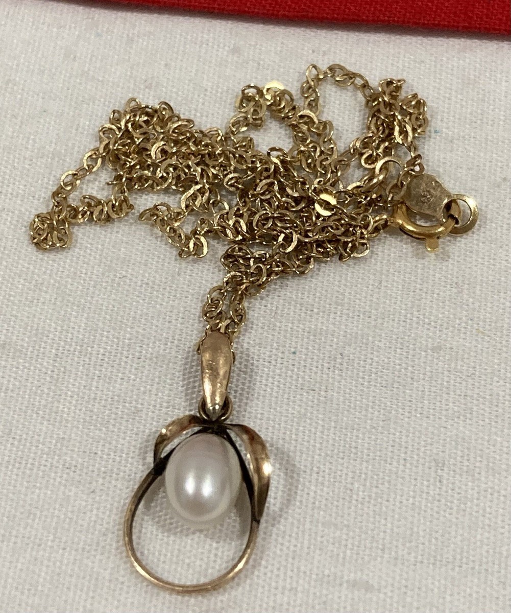 Vintage JTC K14 14k Solid Yellow Gold Pearl Pendant 17.5” Chain