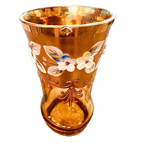 "Vasos vintage checos bohemios ámbar con recubrimiento de oro 4,25"" (lof 4) flores esmaltadas" - Imagen 11 de 11