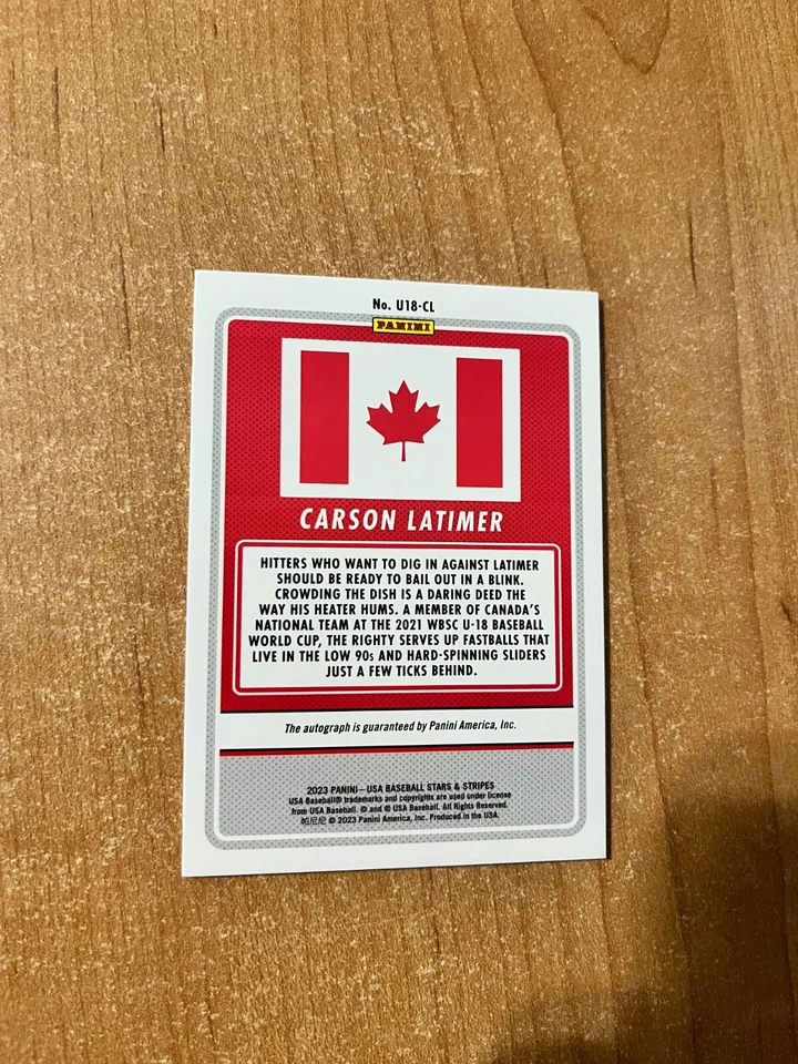 2023 Panini Stars & Stripes - Carson Latimer - Team Canada World Cup Auto /72 - Image 2 of 3