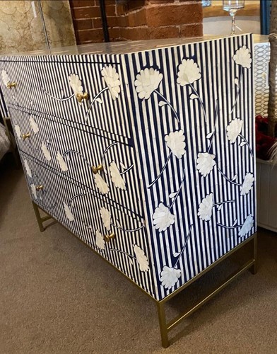 Chest of Drawers - Inlaid Bovine Cow Bone - Blue & White Striped & Flowers - Picture 4 of 11