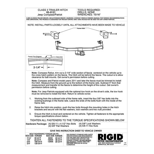 Rigid Class III Custom Fit Hitch Receiver for Jeep Compass & Patriot (R3-0121) - Picture 2 of 2