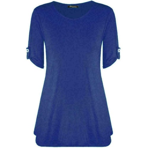 Women Short Turn Up Sleeves Plus Sizes Button Ladies Flared Swing Dress Long Top - Picture 10 of 18