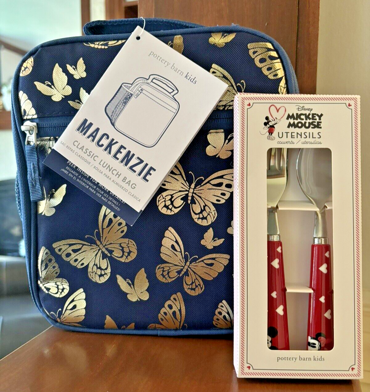 PONY Pottery Barn Glitter LUNCH BOX BAG Set Utensili Topolino Scuola Disney Farfalla.