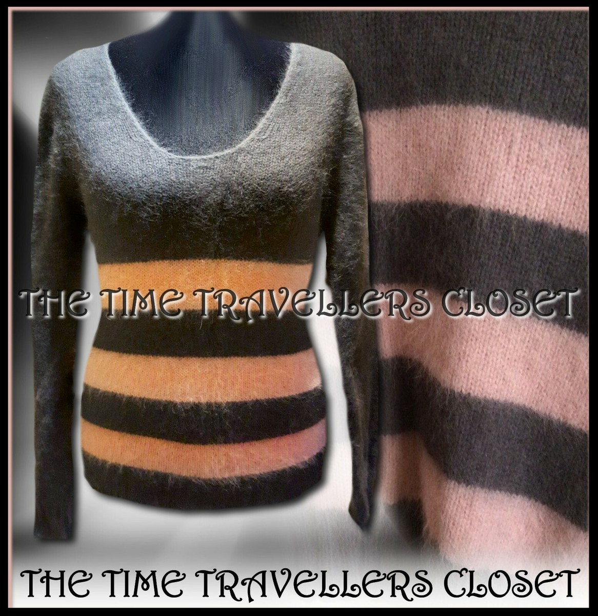 Kate Moss Topshop Pink Grey Punk Stripe Fluffy Angora Knitted