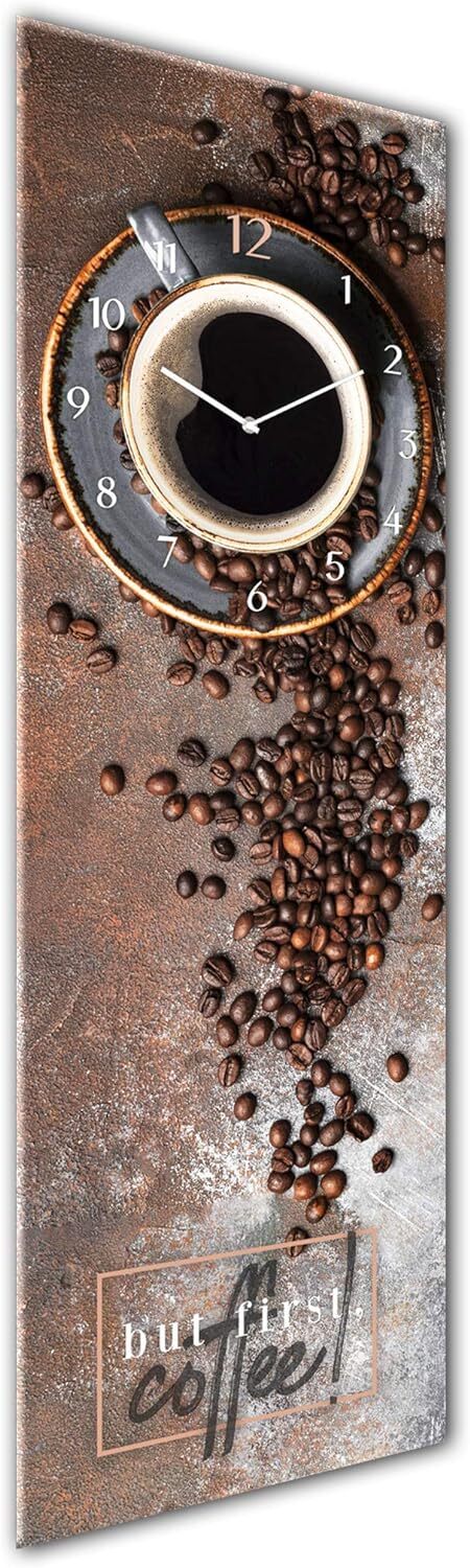 Wanduhr 'First Coffee' Aus Glas - 20x60 Cm, Lautlos, Made In EU, Mit Metallzeigern