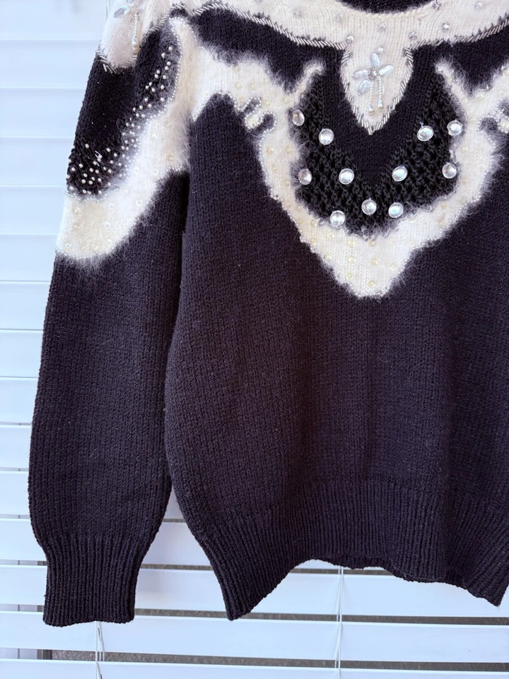 Vintage 80s Womens Black White Knit Angora Beaded Applique Sweater S-M Sparkley - Image 2 of 4