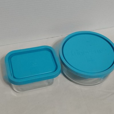 Bormioli Rocco Frigoverre Glass Food Storage Containers  Blue Lids Round Square