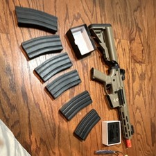 Tan Electric Airsoft Rifle, Multiple Magazines, Orange Tip