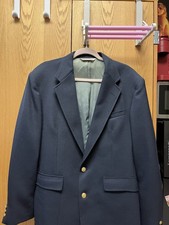 Stafford Navy Wool Single-Breasted Blazer Notch Lapel Gold Buttons Inner Pockets