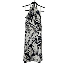 Ann Taylor Silk Halter Dress Size 4 Black White Floral Leaf Print Fit n Flare