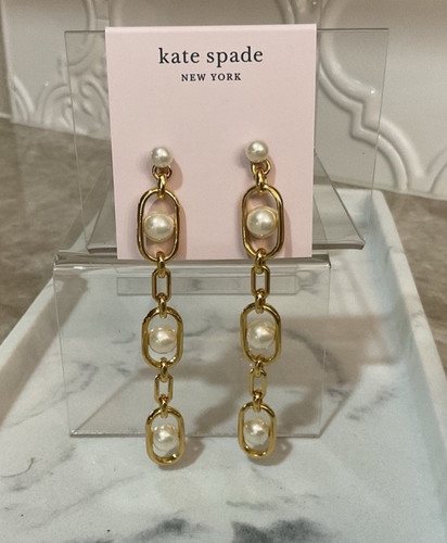 Kate Spade Glamorous Faux Pearl Strand Linear Cream Gold Earrings -NWT