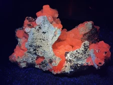 KB: GREAT!! 7+" SW & LW FL ORANGE/RED CALCITE XLS. W/ PYRITE HUANZALA MINE, PERU