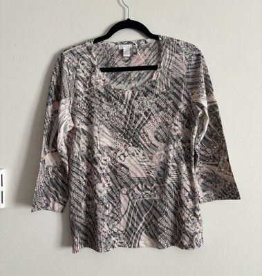 Y2K VTG Chicos Medium Top V Neck Animal Print Rhinestone 2000s