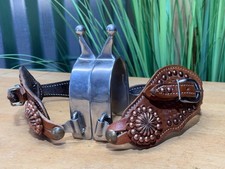 Ladies Short Shank Ball End Western Spurs w Copper Spotted Tooled Leather Straps