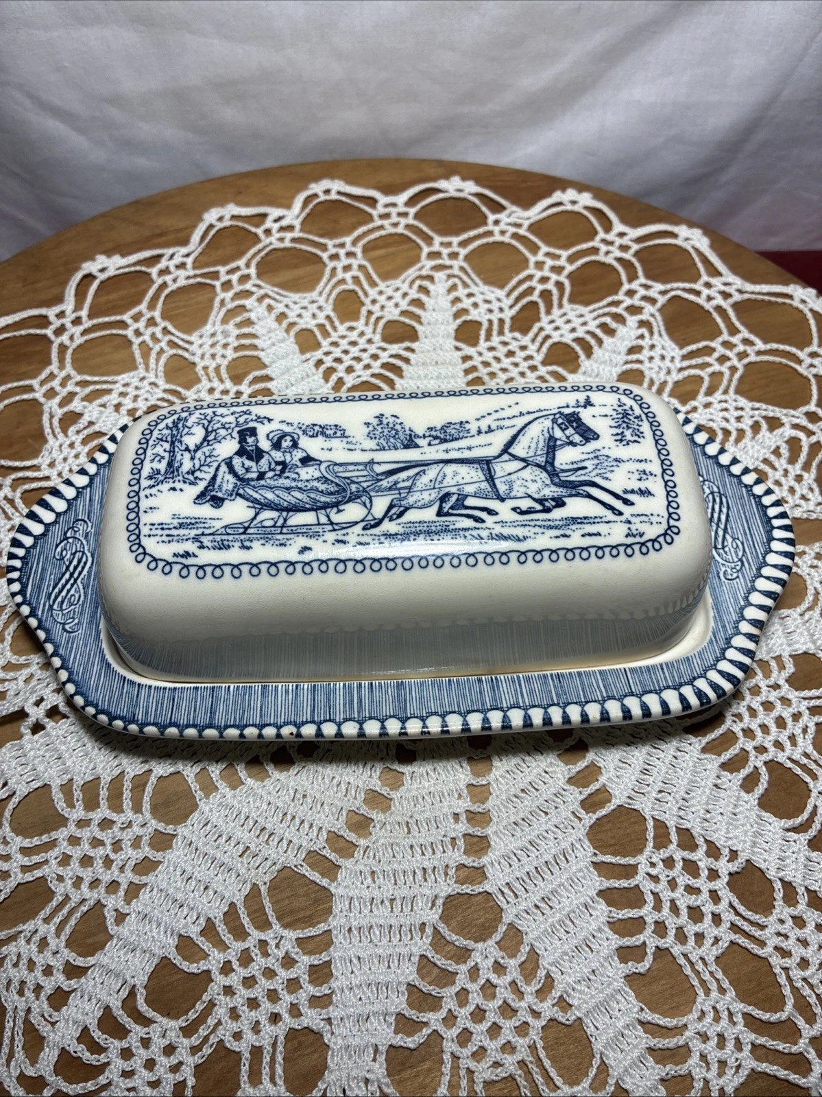 Royal China CURRIER & IVES PATTERN 2 pc Butter Dish MADE IN USA