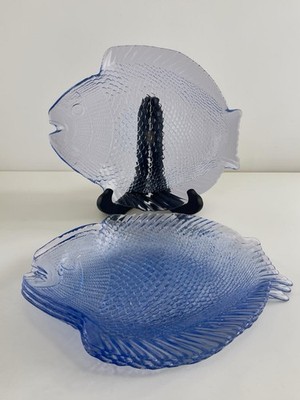 Set Of 4 Pasabahce Light Blue Glass Fish Plate About 10  L Beach Kitchen