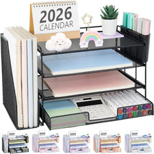 Desk Organizer, 4-Tier Desktop File Organizer with Drawer and Pen Holders, Offic