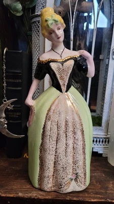 1949 Vintage 11 Inch Victorian Lady Figurine in Green Black Gold Gilt Dress - Image 1 of 4