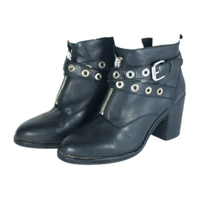 Office London Women s US7,5 EU38 Black Leather Front Zip Studded Ankle Booties 