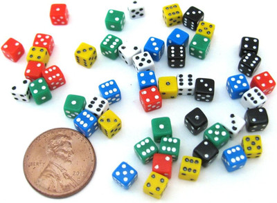 1816X 50 Six Sided D6 .197'' Die Small Tiny Mini Miniature Multicolored Dice, 5 M