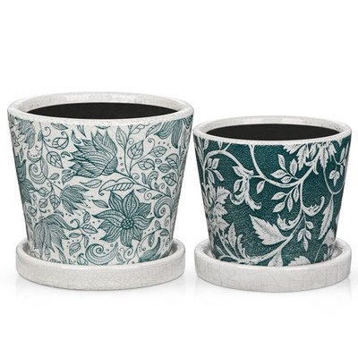 Set of 2 Ceramic Blue and White Plant Pots with Drainage Hole and Saucers, Vi...