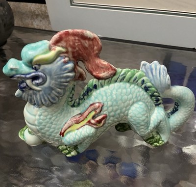 Beautiful Aqua Large Ceramic Dragon! Vintage Hand Painted