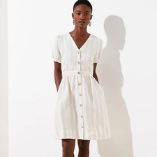 Loft Striped Puff Sleeve Pocket Shirtdress Size 2 Linen Blend Cream