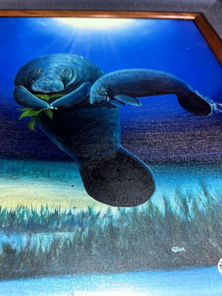 Pintura al óleo original - WYLAND - Manatíes Seacows - Marco de madera KOA - HALLAZGO RARO Foto 4 de 4