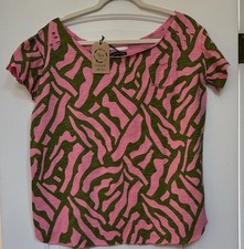 A Rare Bird Handmade Pink Green Animal Print Short Sleeve T-Shirt S/M Scoop Neck