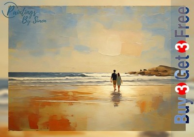 Paar am Strand Sonnenuntergang 5x7 Druck auf mattem Papier | Ölgemälde Romantische Kunst