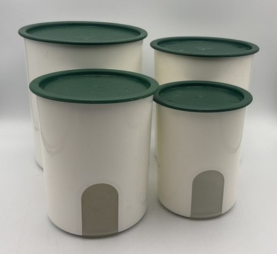 Tupperware One Touch Reminder Nesting Storage Canisters Set of 4: Green Lids USA