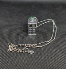 BBC Doctor Who TARDIS Police Box 3D Necklace Silver w/ Green Jewel Light