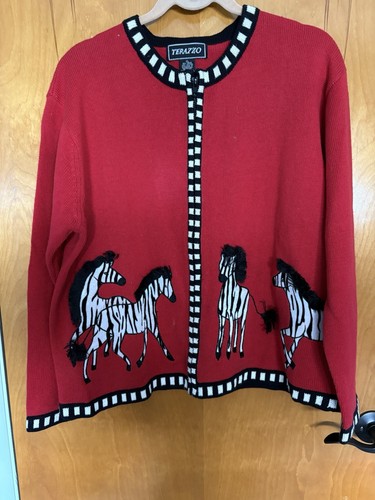 Roter Pullover Terazzo XL mit Reißverschluss und Zebras vorne & hinten. EUC - Bild 1 von 7