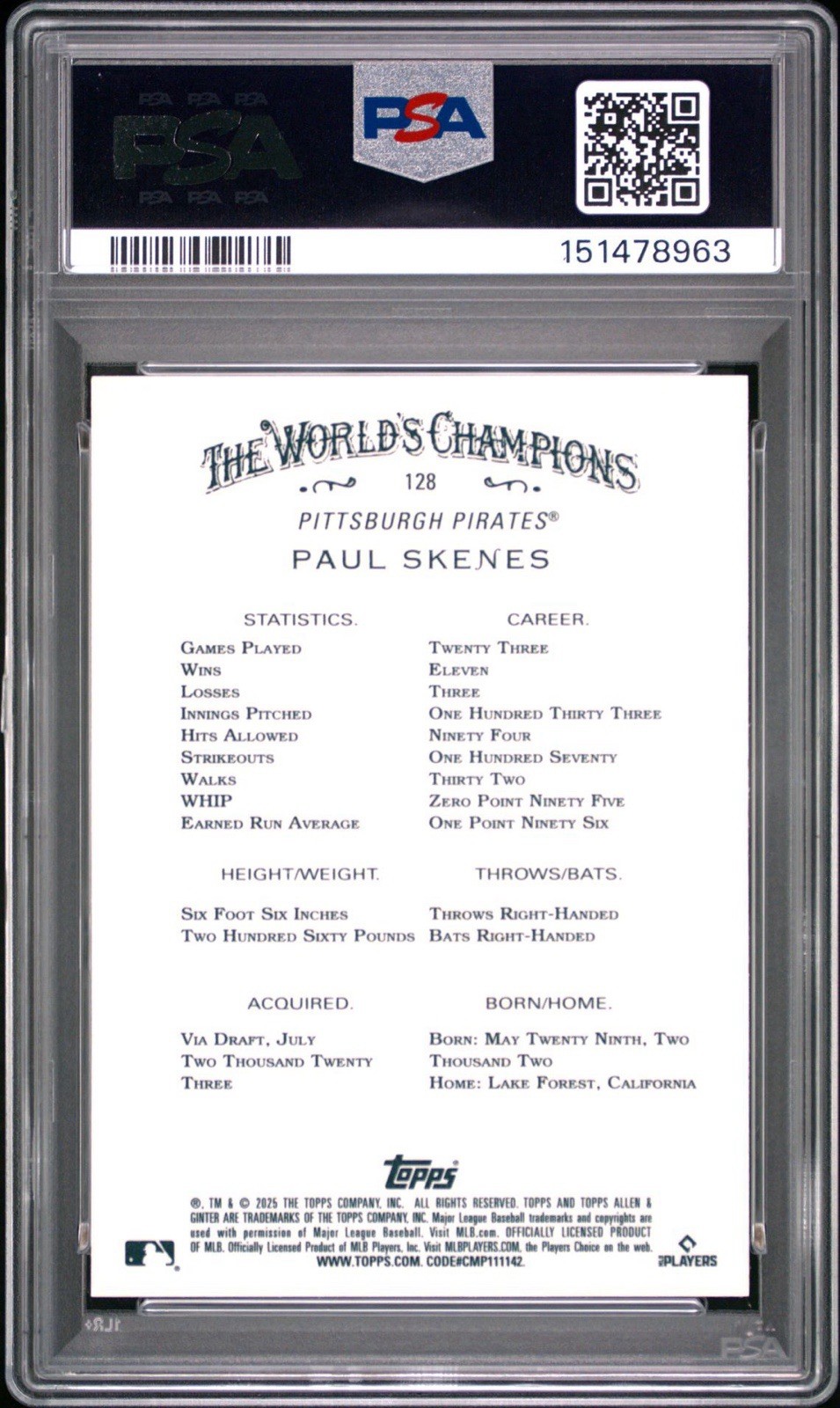 2025 Topps Allen & Ginter - Chrome Paul Skenes #128 PSA 9!! POP 7!! view 3