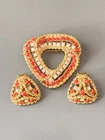 Vintage Signed HATTIE CARNEGIE Coral & White Milk Glass Ribbon Brooch & Earring!