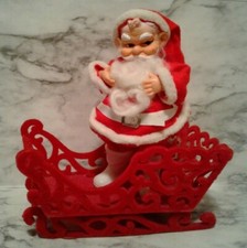 Vntg SANTA CLAUS in Flocked Red SLEIGH 8" Christmas Table Shelf Decoration