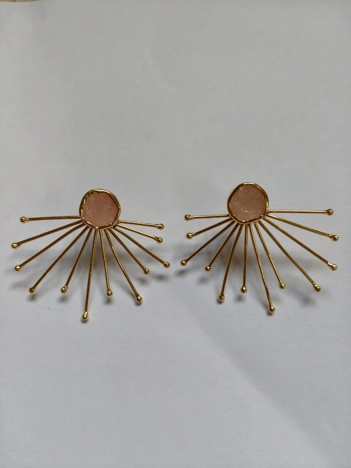 Pendientes de cuarzo rosa de 12 rayos con pasador de piedras preciosas crudas joyería de moda enchapado en oro encanto Foto 3 de 4