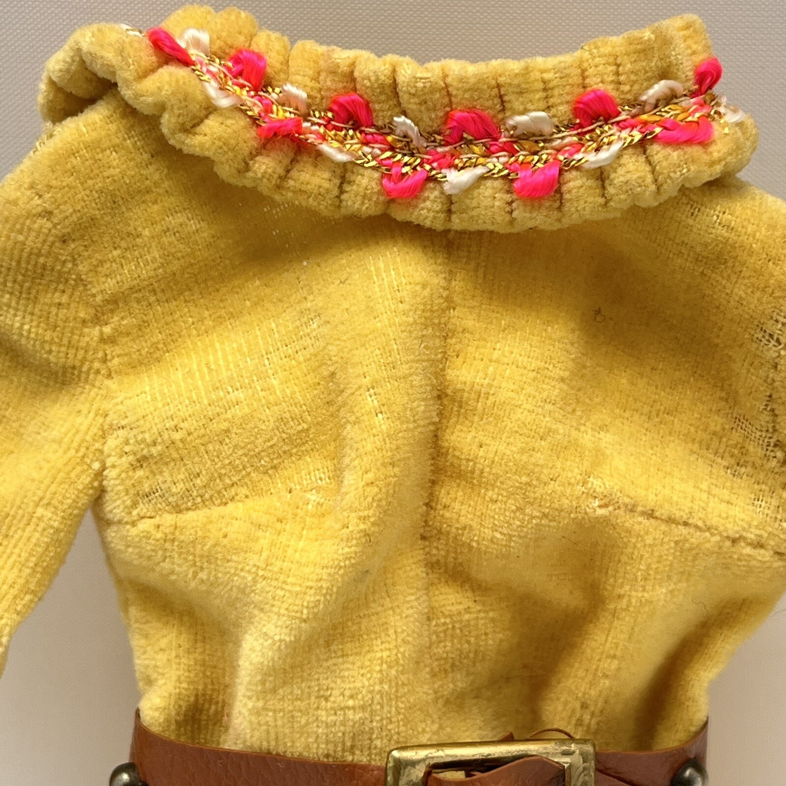 Vintage Barbie Mellow Yellow Suede Like Dress Brown Belt Pink Silver